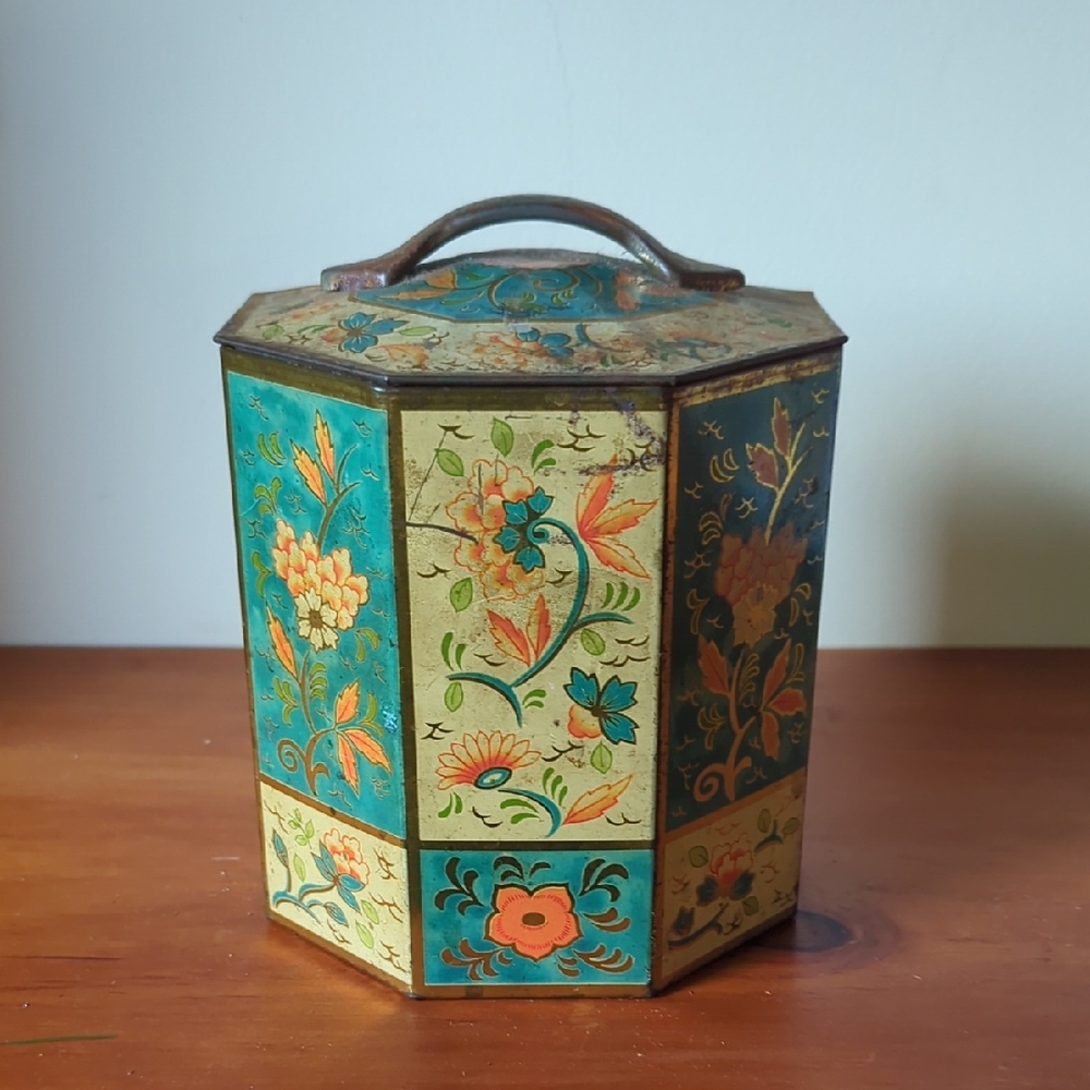 Edward Sharp & Sons Made In England Octagon Floral Tin, Cream, Teal, Gold